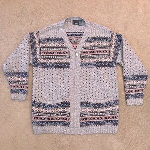 Vintage LizWear Cardigan Sweater Womens Small Zip Up Heavy Knit Fair Isle Grey